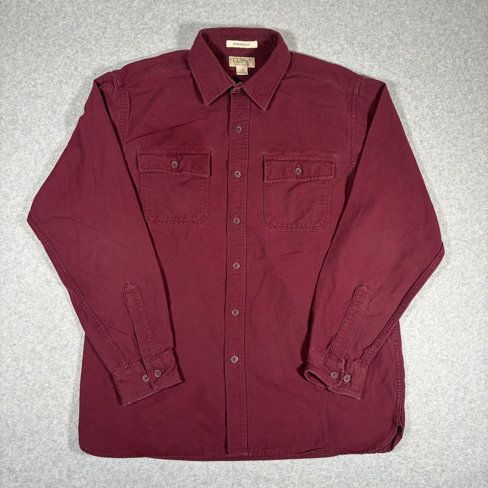 LL Bean Chamois Cloth Shirt Mens L Maroon Traditional Fit Long Sleeve Cotton